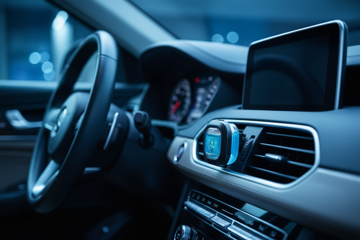 FreshWheels Blue Air Freshener on Car Vent - Different Angle