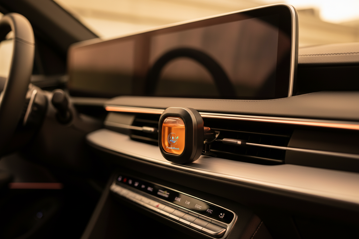 FreshWheels Orange Air Freshener on Car Vent - Side Angle